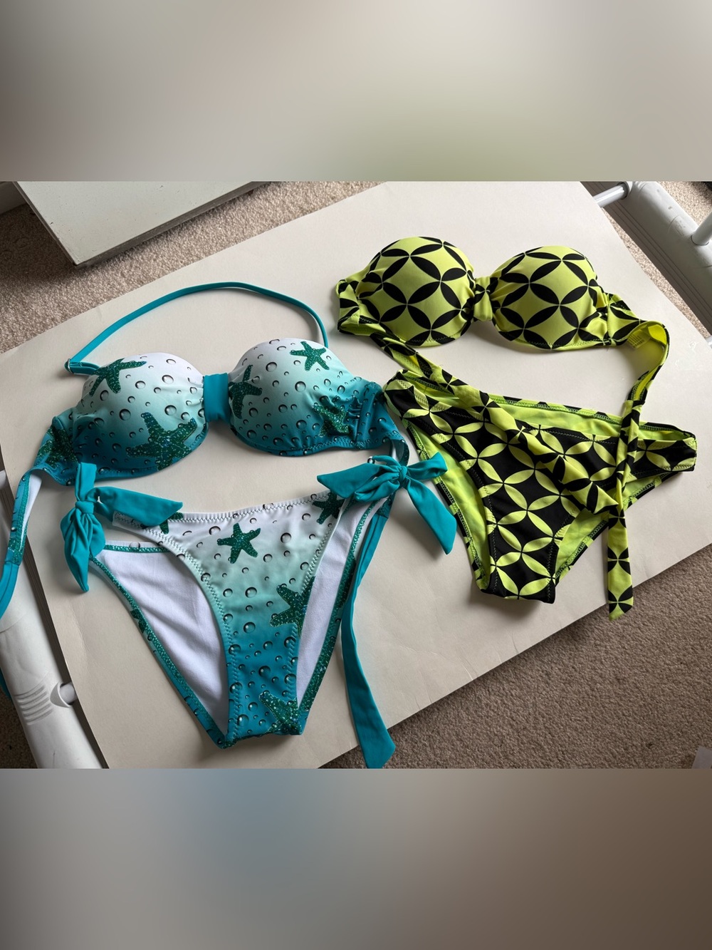 Bikini Set 2 for 1, size XS - Turquoise Starfish & Neon Yellow Geometric